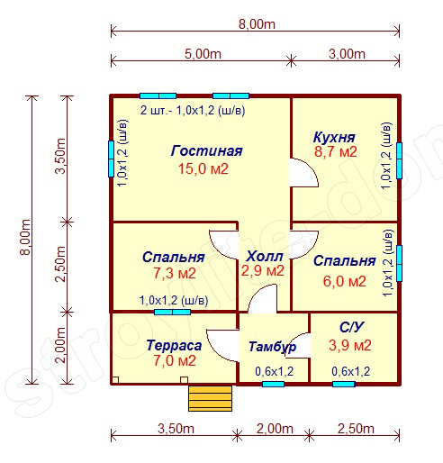 Поэтажный планКаркасный дом 8х8 Восход